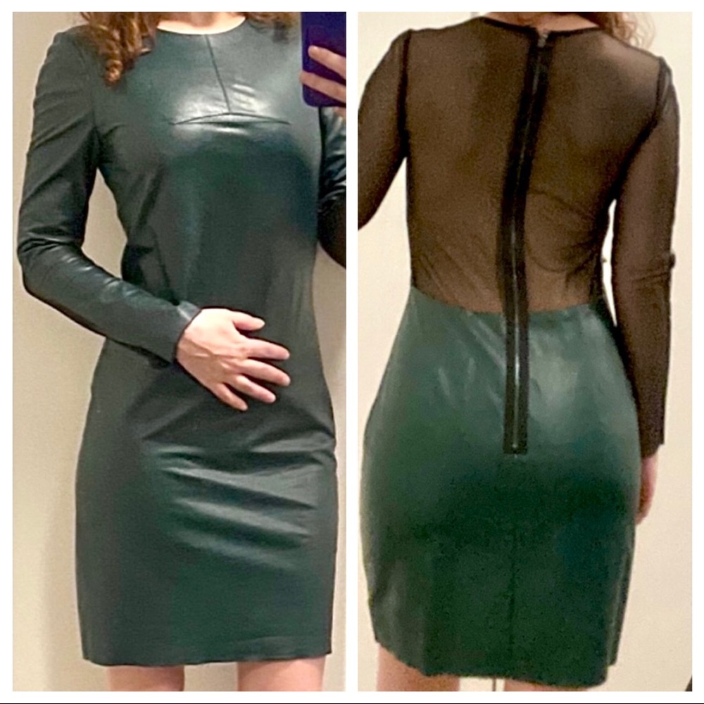 BCBG Green black Leather Sheer Back Zip dress Xs 0